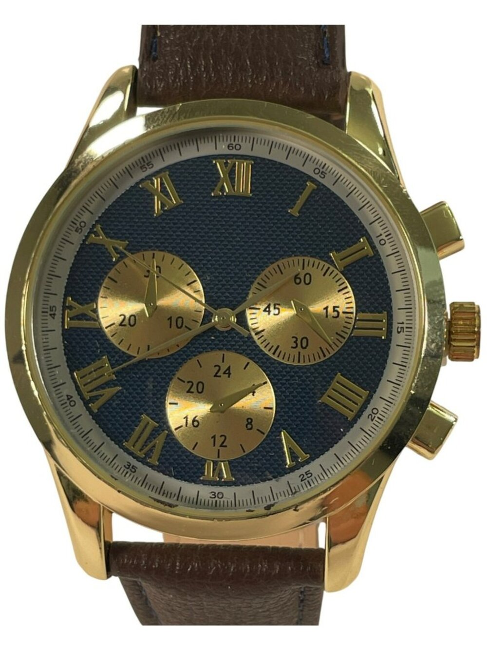 George Quartz Chronograph Watch Gold-Tone Case Brown Blue & Gold Dial Men's NEW